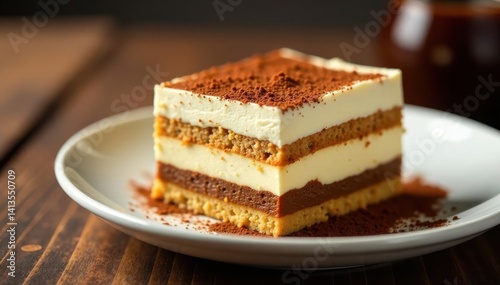 Wallpaper Mural Individual portion of tiramisu; rich, creamy texture, visible coffee soaked layers , dark, brown, isolated Torontodigital.ca