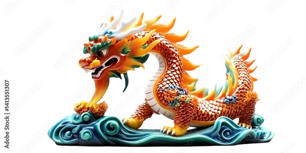 Naklejka premium Colorful Chinese Dragon Sculpture Illustration on Transparent Background