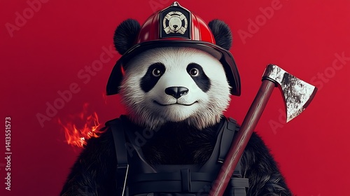 Cute panda firefighter with axe digital illustration