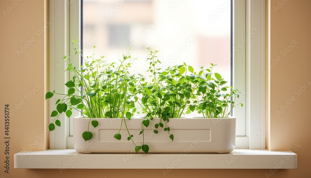 The scent of fresh herbs growing in a windowsill planter, infusing the air with a refreshing aroma The scent of fresh herbs growing in a windowsill planter, infusing the air with a refreshing aroma