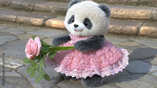 Adorable handmade panda plush toy holding rose