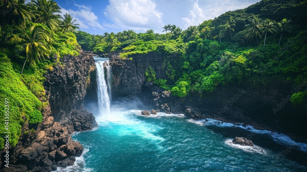 Fototapeta premium A tropical waterfall flowing directly into the ocean, lush greenery around --ar 16:9 --v 6.1 Job ID: 105520ea-8efc-4195-bd19-4a913d630923