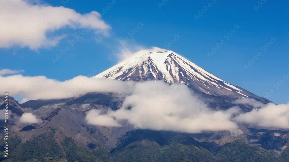 Snow-Capped Peak of Mountain Surrounded by Clouds Against Bright Blue Sky in Remote Wilderness Snow-Capped Peak of Mountain Surrounded by Clouds Against Bright Blue Sky in Remote Wilderness