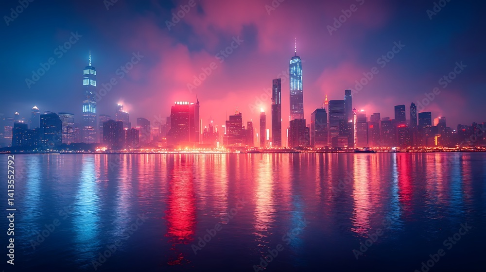 Fototapeta premium Neon Cityscape Skyline Reflected On Water At Night Stunning Photo Beautiful