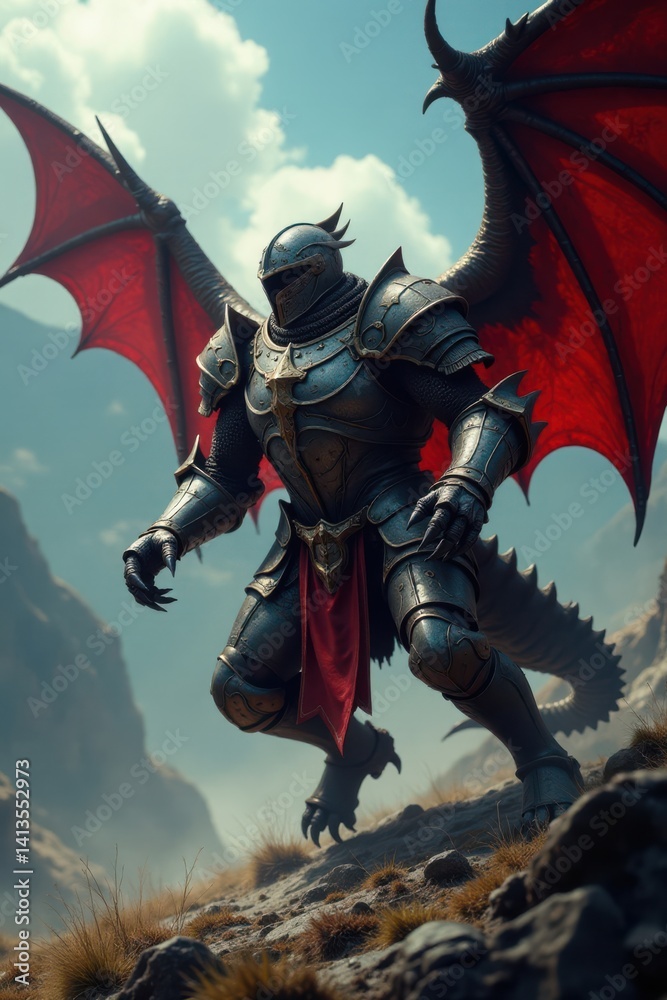 Fototapeta premium knight fighting scaled beast with claws and wings, wing, armor