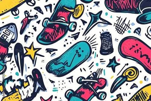 A vibrant and colorful illustration featuring skateboards and stars