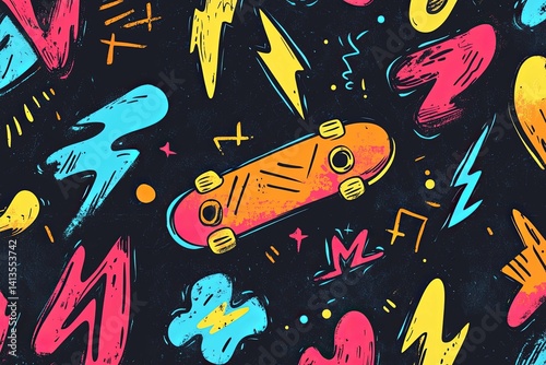 Colorful artistic skateboards and shapes on a black background artwork