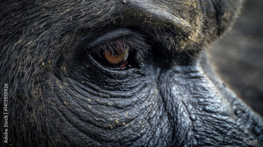 Gorilla Closeup Intense Eye Detail, Deep Wrinkles and Skin Texture, Emotional Wildlife Portrait, Endangered Primate Gaze, Jungle Habitat Focus