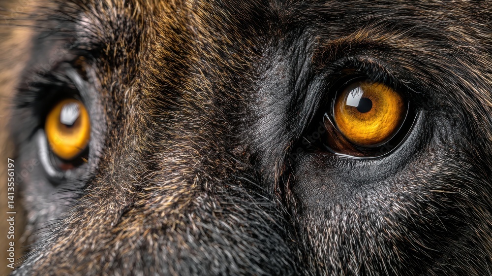 Wild Canine Eyes Closeup Glowing Amber, Detailed Fur and Intense Gaze, Macro Shot of Predator Focus, Expressive Animal Portrait, Nature Watchfulness in Jungle Light