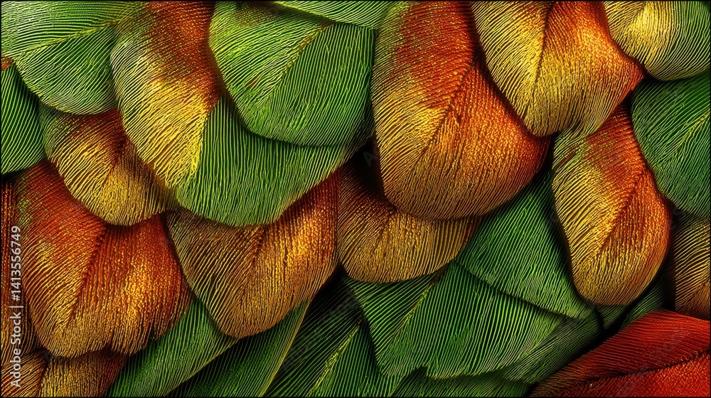 Parrot Feather Closeup Vibrant Texture, Colorful Plumage in Green Yellow Red, Macro View of Tropical Bird, Fine Detail and Structure, Nature’s Pattern and Jungle Beauty