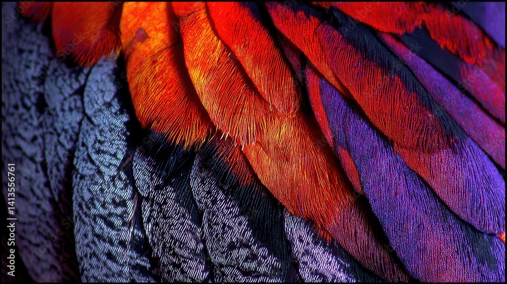 Parrot Feather Closeup Vibrant Texture, Colorful Plumage in Green Yellow Red, Macro View of Tropical Bird, Fine Detail and Structure, Nature’s Pattern and Jungle Beauty