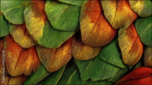 Parrot Feather Closeup Vibrant Texture, Colorful Plumage in Green Yellow Red, Macro View of Tropical Bird, Fine Detail and Structure, Nature’s Pattern and Jungle Beauty