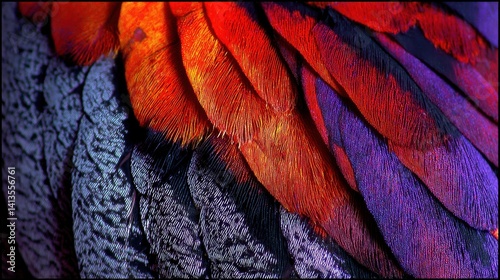 Parrot Feather Closeup Vibrant Texture, Colorful Plumage in Green Yellow Red, Macro View of Tropical Bird, Fine Detail and Structure, Nature’s Pattern and Jungle Beauty