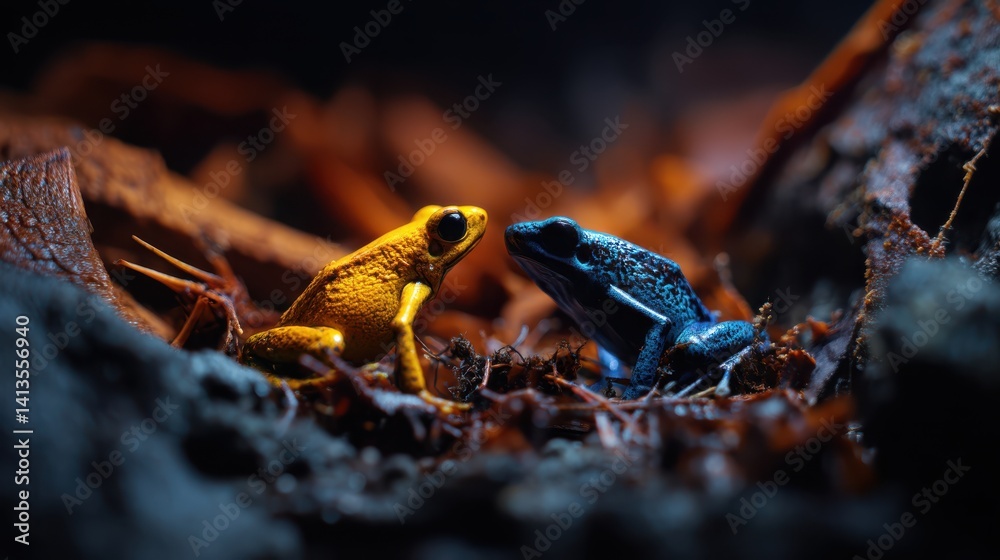 Poison Dart Frog Closeup Vibrant Skin Texture, Neon Colors and Black Spots, Tropical Amphibian Macro Portrait, Jungle Habitat Detail, Toxic Beauty of Rainforest
