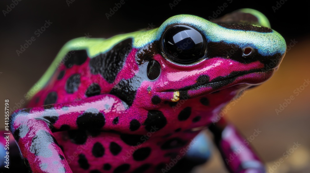 Poison Dart Frog Closeup Vibrant Skin Texture, Neon Colors and Black Spots, Tropical Amphibian Macro Portrait, Jungle Habitat Detail, Toxic Beauty of Rainforest