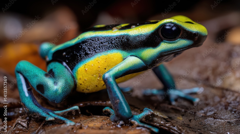 Poison Dart Frog Closeup Vibrant Skin Texture, Neon Colors and Black Spots, Tropical Amphibian Macro Portrait, Jungle Habitat Detail, Toxic Beauty of Rainforest