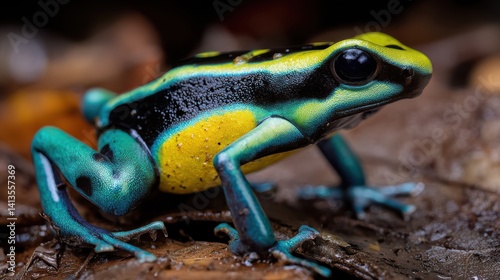 Obraz na płótnie Poison Dart Frog Closeup Vibrant Skin Texture, Neon Colors and Black Spots, Tropical Amphibian Macro Portrait, Jungle Habitat Detail, Toxic Beauty of Rainforest w salonie