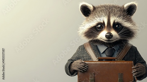 Charming raccoon business character in suit holding briefcase