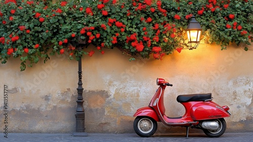 Red   scooter parked by a wall adorned with vibrant red roses.  Golden hour light bathes the scene