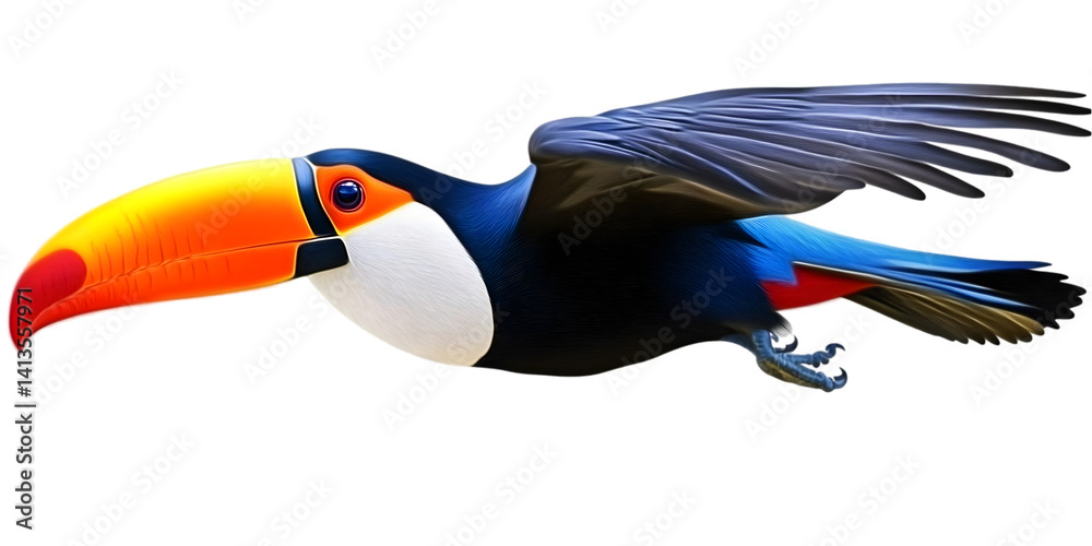 Naklejka premium Isolated Toucan Illustration in Flight Against a Transparent Background