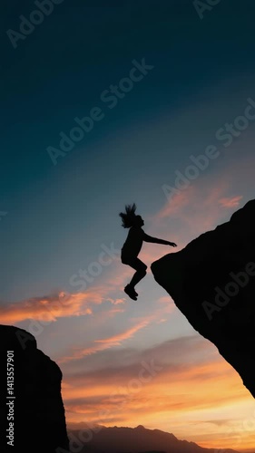 Wallpaper Mural Silhouette of a carefree individual leaping between rock formations at sunset, embodying freedom and adventure in the scenic outdoor landscape. Torontodigital.ca