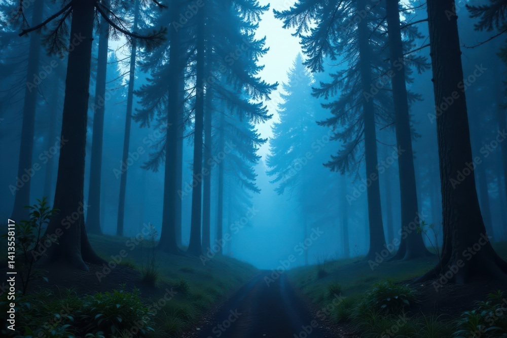 Fototapeta premium Mysterious forest with tall trees and a blue mist, wilderness, silhouette