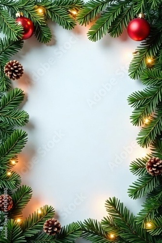 Natural Christmas Border with Coniferous Branches and Lights, snowy, seamless garland