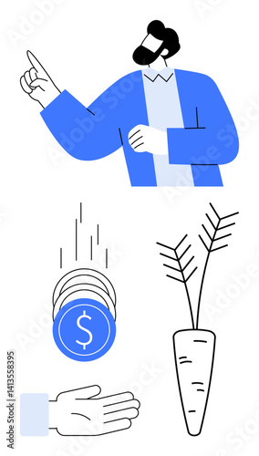 Person pointing upwards, coins dropping into palm, growing plant root. Ideal for investment, financial planning, sustainable growth, economics, business, resource management simple landing page