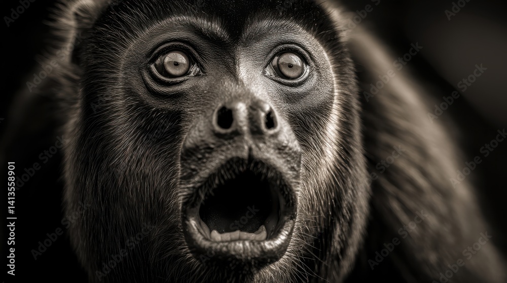 Howler Monkey Closeup Intense Eyes, Expressive Primate Portrait in Black and White, Jungle Mammal Macro Texture, Emotional Wildlife Detail, Deep Forest Atmosphere