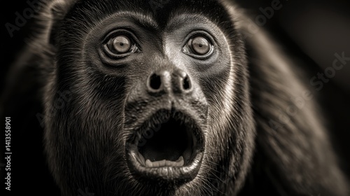 Obraz na płótnie Howler Monkey Closeup Intense Eyes, Expressive Primate Portrait in Black and White, Jungle Mammal Macro Texture, Emotional Wildlife Detail, Deep Forest Atmosphere w salonie