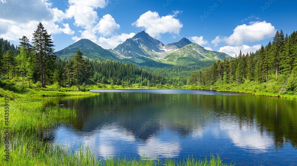 Serene Mountain Lake Reflection Lush Greenery and Majestic Peaks Under a Bright Blue Sky