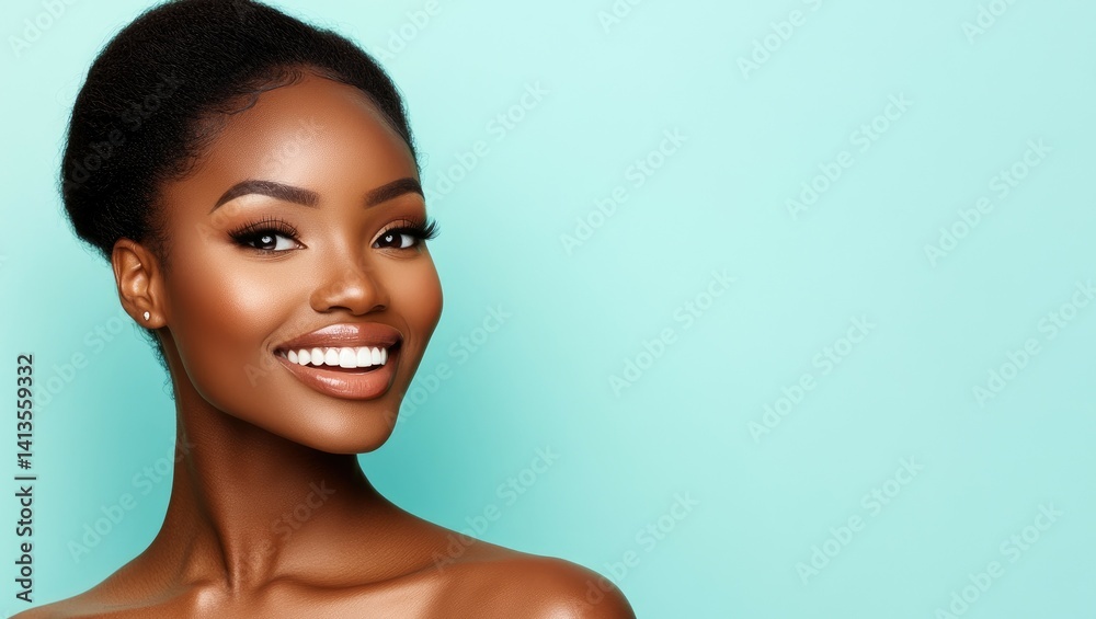 Beautiful Smiling Black Woman Portrait Against a Teal Background A Stunning Close up Shot Beautiful Smiling Black Woman Portrait Against a Teal Background A Stunning Close up Shot