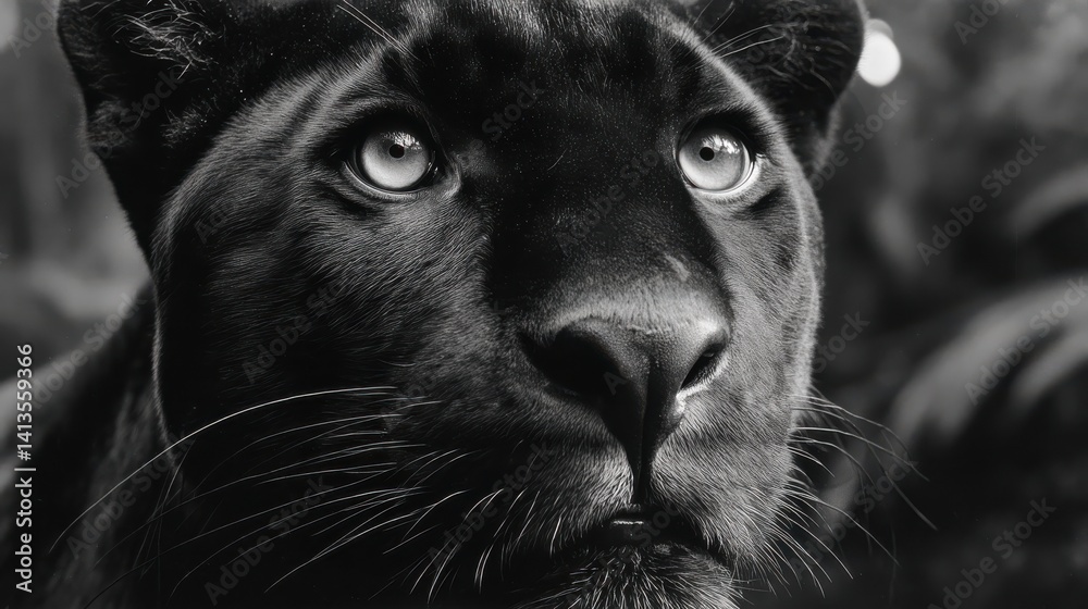 Black Panther Closeup Sharp Gaze, Intense Eyes of Jungle Predator, Fine Fur Texture and Whiskers, Nocturnal Hunter Portrait, Wildlife in Darkness