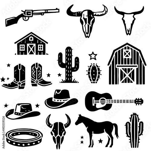 Western Cowboy Silhouette Icons Vector Set