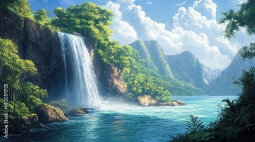 A tropical waterfall flowing directly into the ocean, lush greenery around --ar 16:9 --v 6.1 Job ID: a885ee19-9f6a-4765-b64f-15dd8d2274f5