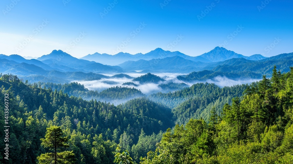 Fototapeta premium Serene Panoramic View of Lush Green Mountains and Misty Valleys