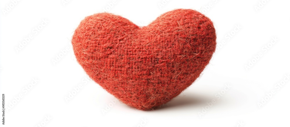 Red knitted heart on white surface symbolizing love and handmade affection Red knitted heart on white surface symbolizing love and handmade affection
