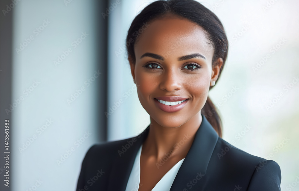 Confident young businesswoman smiling in professional setting indoors Confident young businesswoman smiling in professional setting indoors