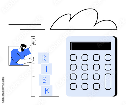 Man measuring stacked blocks labeled Risk with a ruler, next to a calculator and cloud illustration. Ideal for finance, analysis, assessment, decision-making, strategy, planning, simple landing page