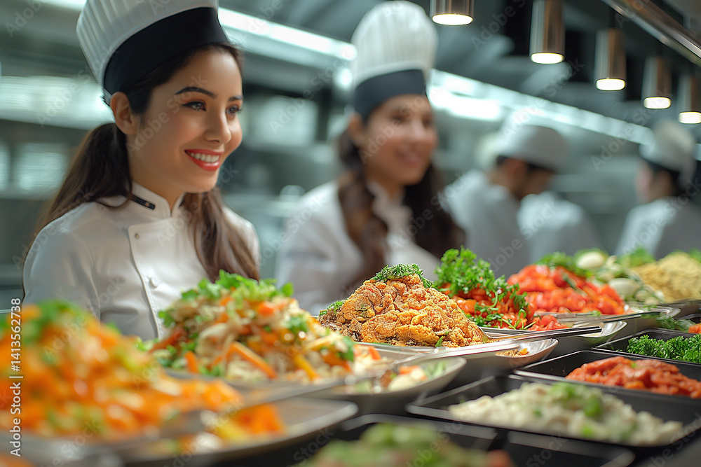 Obraz premium A woman in a chef's hat is smiling at a table full of food