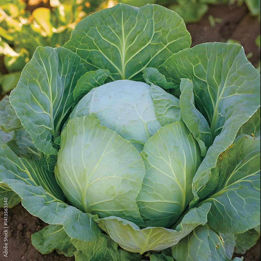 Fototapeta premium Fresh Green Cabbage in Garden Field, Closeup View