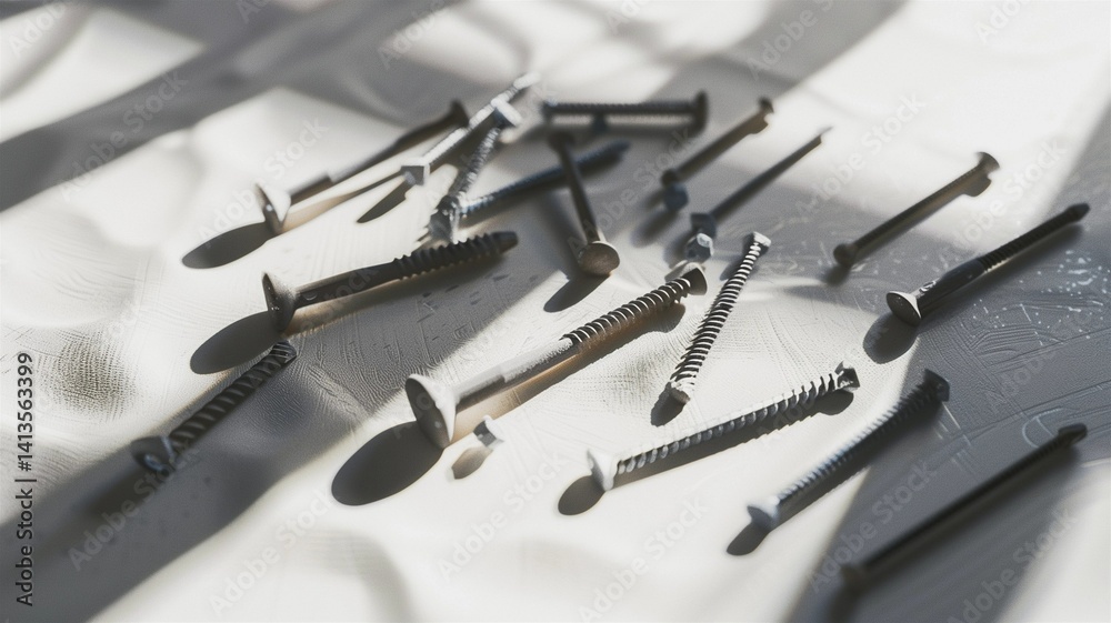 Photorealistic image of a nails and screws on a seamless white backdrop Photorealistic image of a nails and screws on a seamless white backdrop