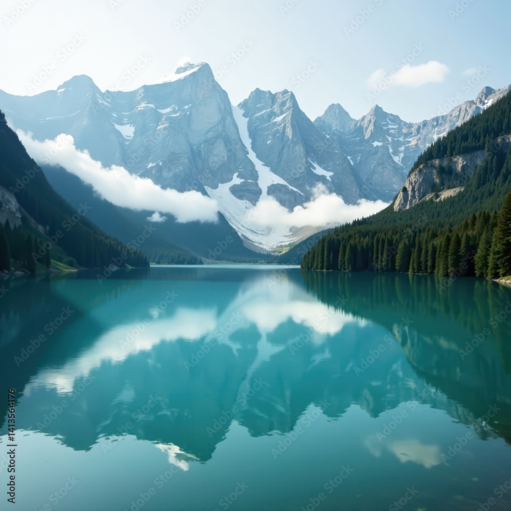 Naklejka premium serene mountain lake with misty fog and surrounding peaks, peak, lake