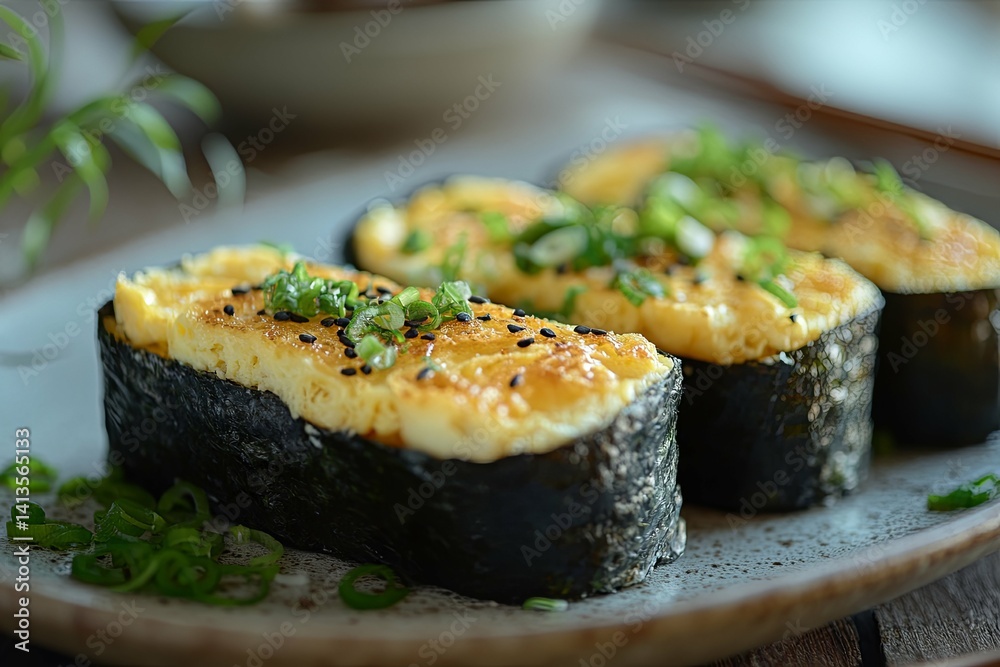 Delicious prepared sushi rolls with egg and seaweed presentation on a plate Delicious prepared sushi rolls with egg and seaweed presentation on a plate