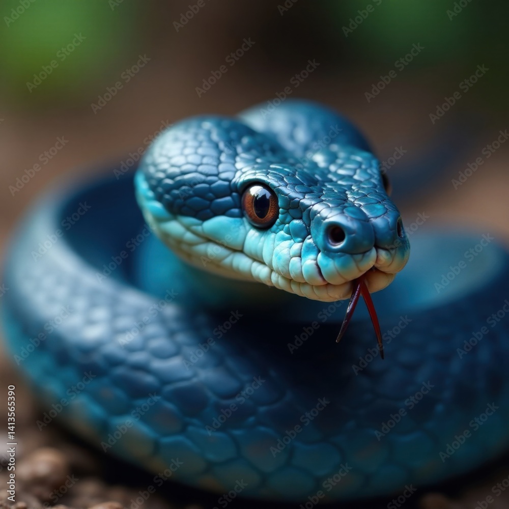 Fototapeta premium Slithering blue viper snake closeup face with forked tongue and beady eyes, snake, wildlife, reptile