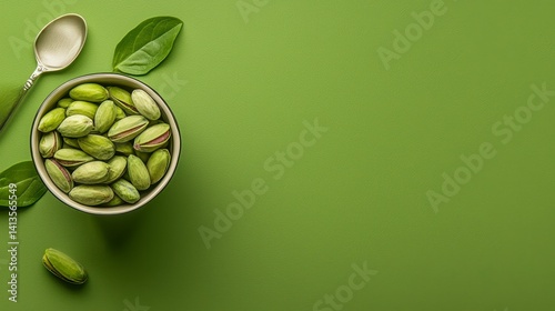 Obraz na płótnie Shelled Pistachios in Bowl on Green Background w salonie