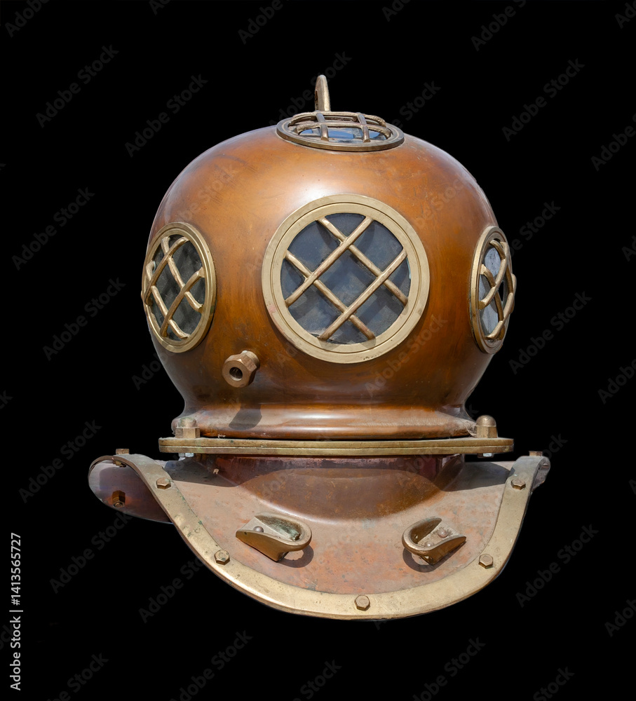 Antique diving helmet with brass fittings and multiple reinforced glass windows