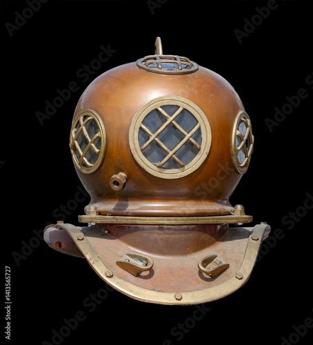Antique diving helmet with brass fittings and multiple reinforced glass windows