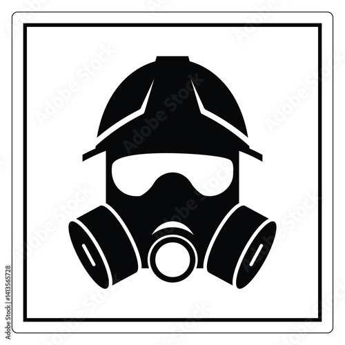 Black and White Icon of Protective Headgear with Gas Mask for Safety and Health
