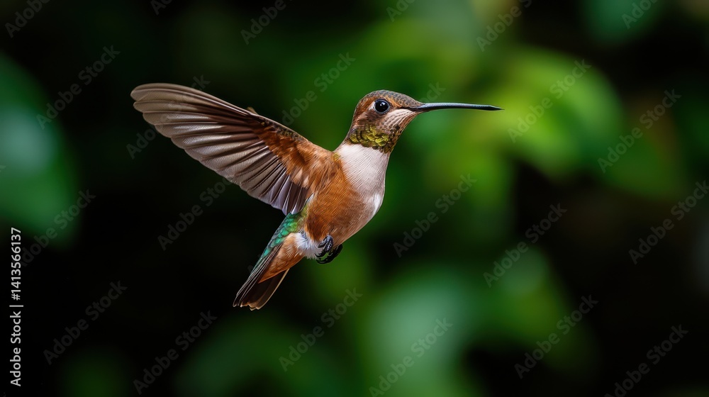 Fototapeta premium Graceful Hummingbird in Flight with Wings Outstretched Against Sky